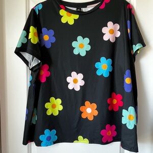SHEIN Black Tee with Bright Multicolor Daisy Print